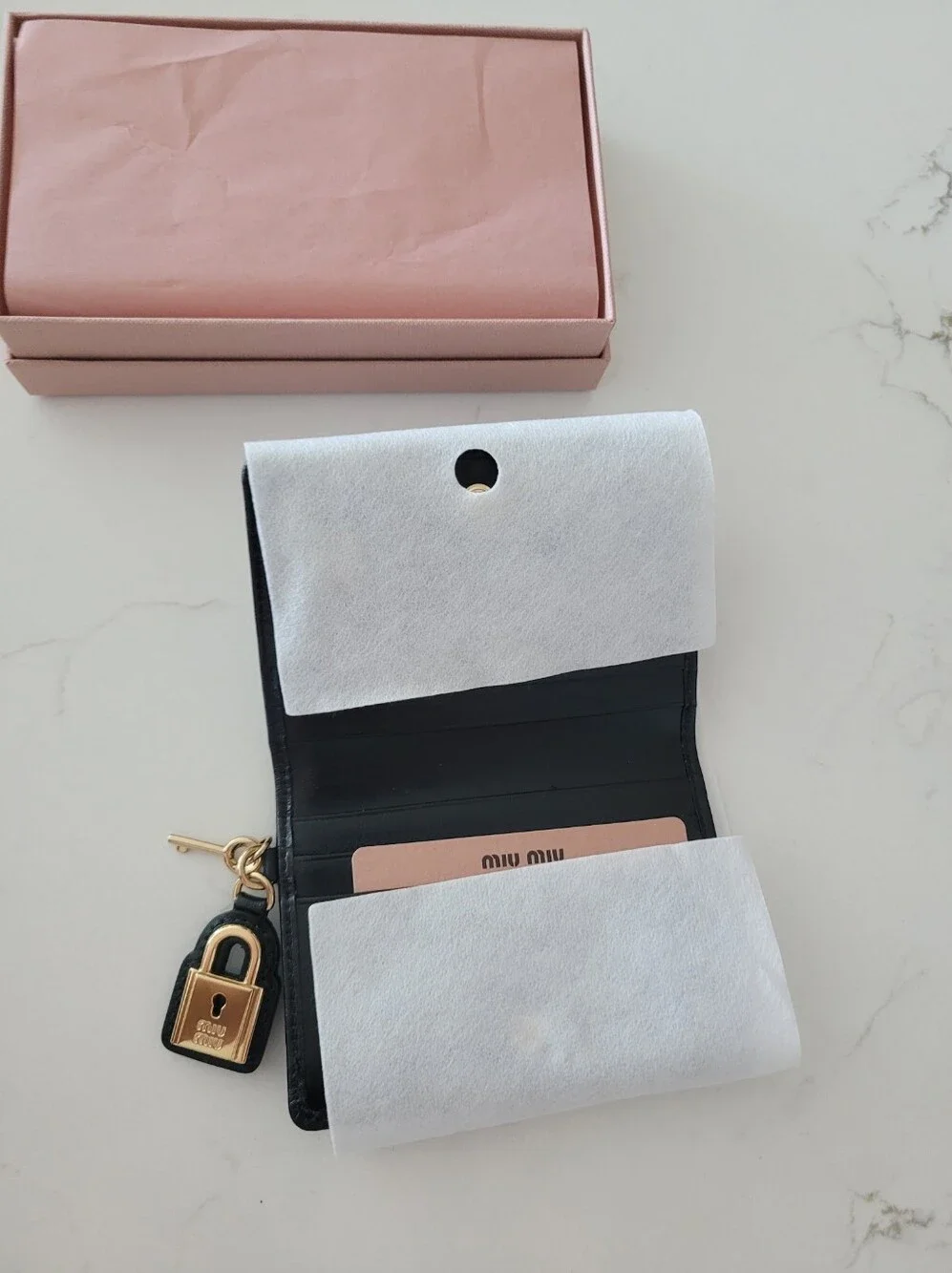 Miu Miu small black leather wallet with gold Pendent Lock Charm